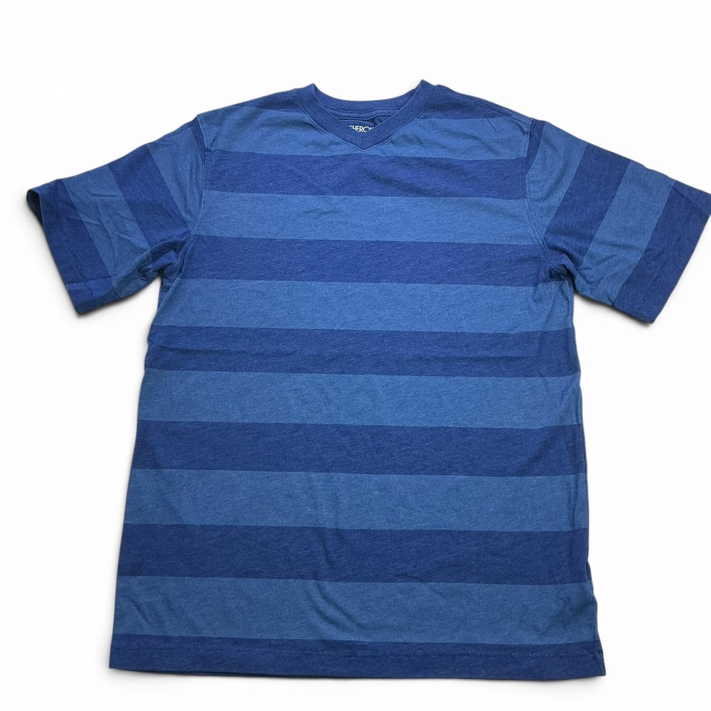 Cherokee Blue Striped V-Neck T-Shirt Kids Size L 12-14 Short Sleeve Tee